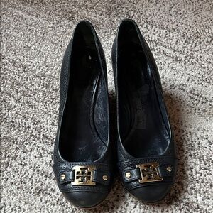 Tory Burch dark blue Leather Logo Ballet platform shoes with Gold Hardware